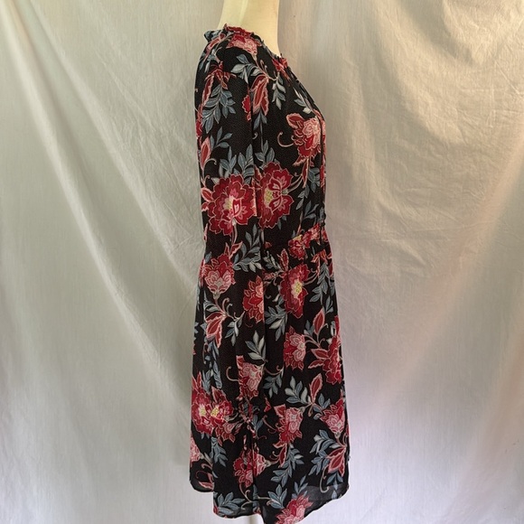 LOFT Black Red Long Sleeve Dress Size Large, Floral Print, Elastic Waist, Lined - Picture 6 of 8